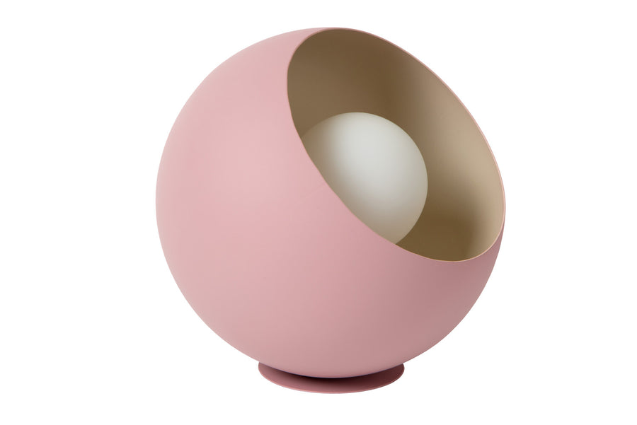Lampe sphérique rose éteinte, vue de l'arrière, montrant l'intérieur beige et l'ampoule blanche.