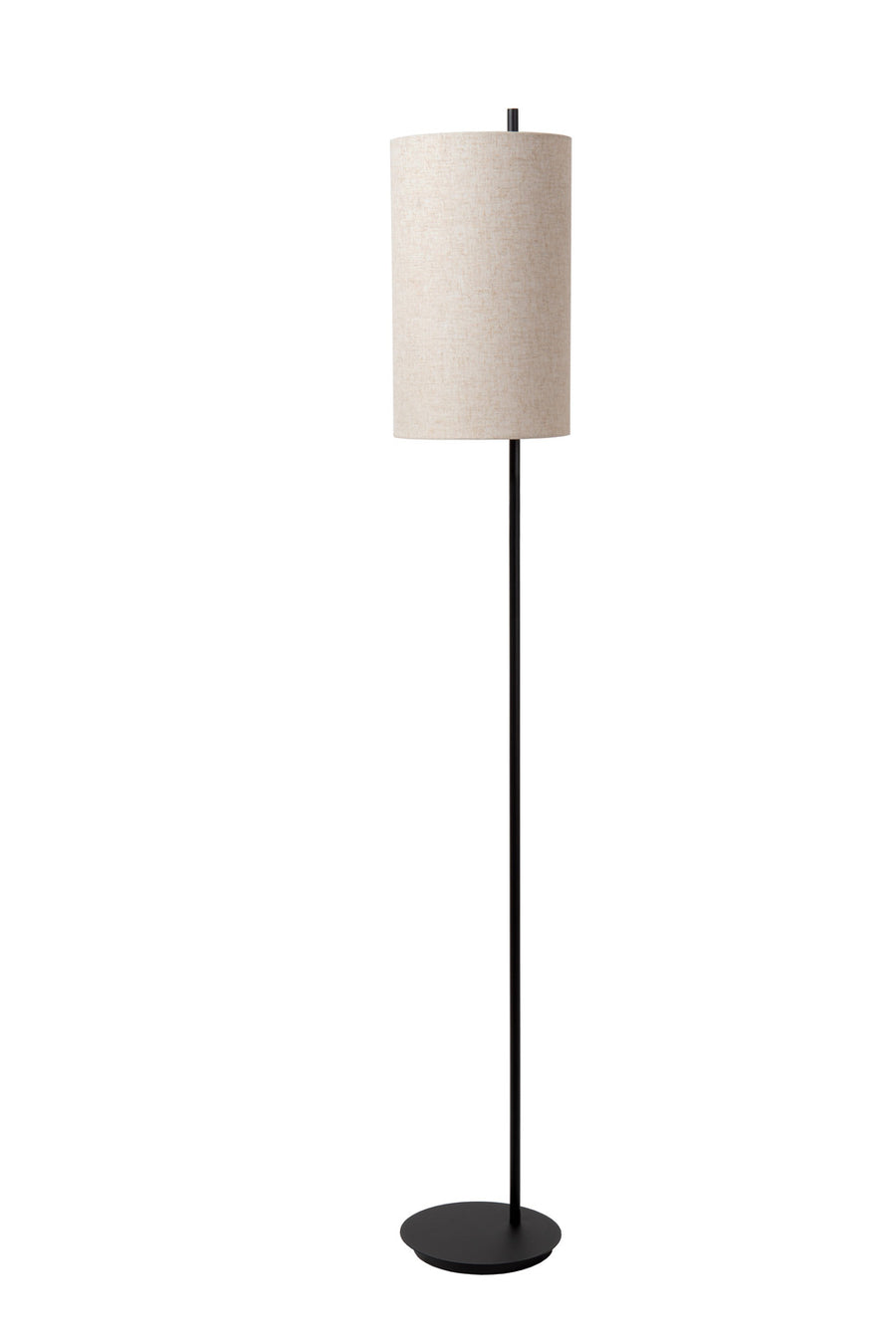 Lampadaire entier de face, abat-jour en lin beige et base ronde noire.