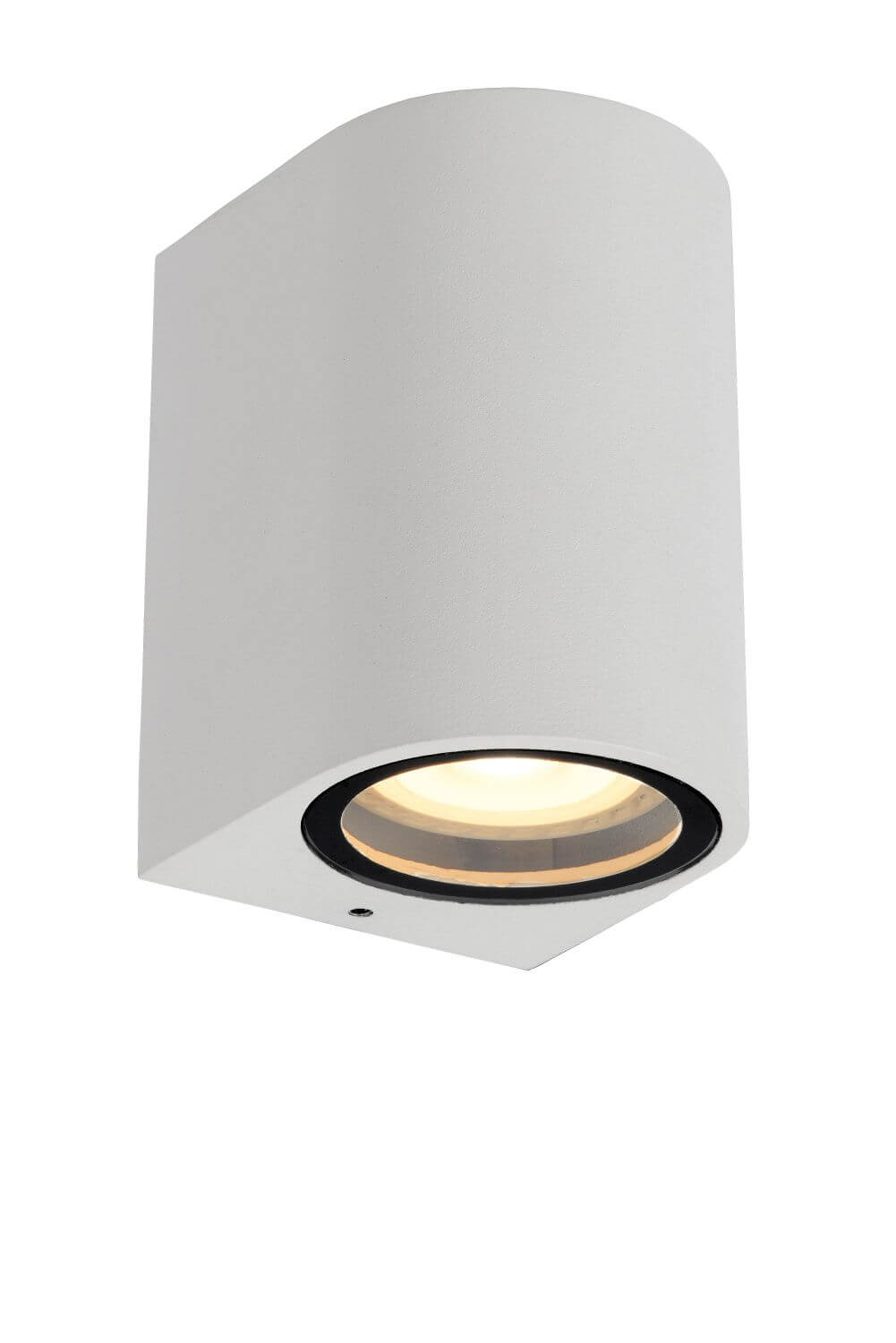 Vue rapprochée du luminaire blanc incliné, verre bombé et liseré noir allumé.