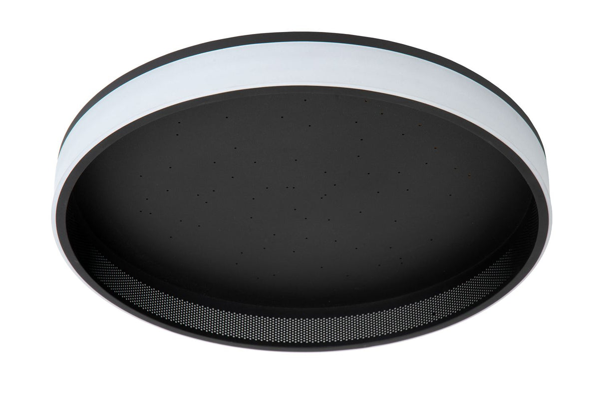 Luminaire éteint sur fond blanc, anneau diffuseur blanc et bordure noire