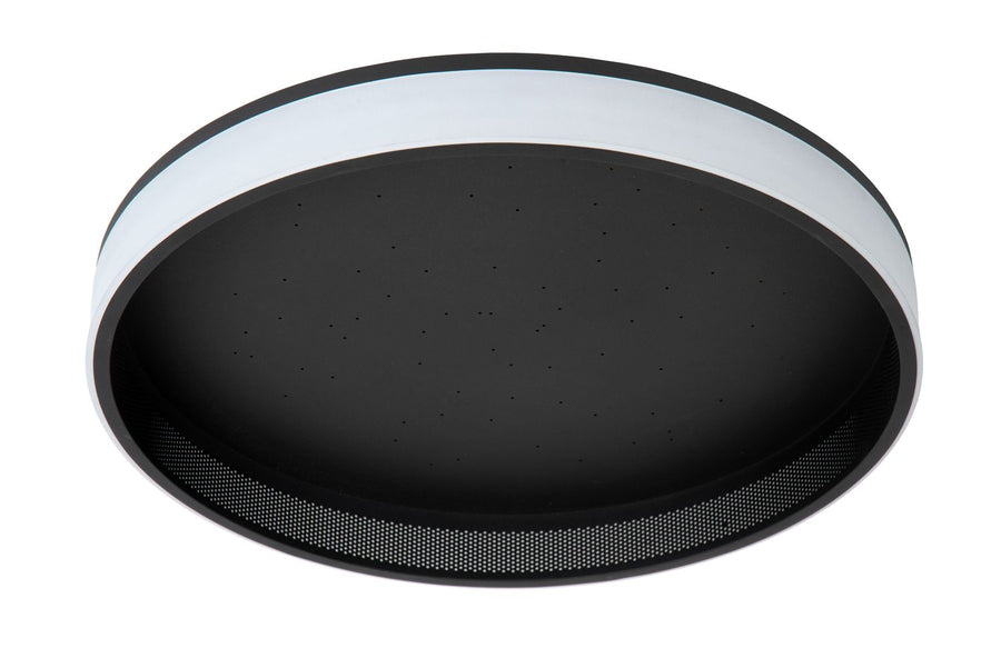 Luminaire éteint sur fond blanc, anneau diffuseur blanc et bordure noire
