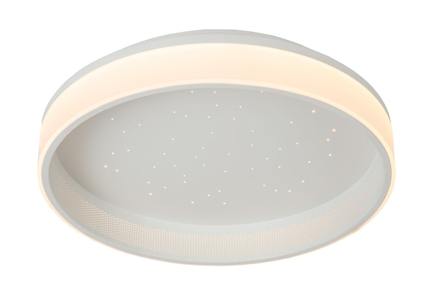 Produit allumé de face sur fond blanc, points lumineux étoilés sur le diffuseur