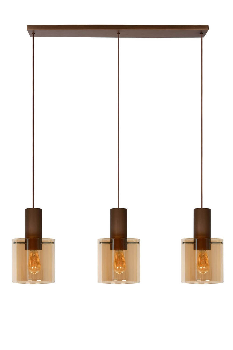 Vue de face du luminaire suspendu à trois verres ambrés, finition cuivrée et câbles fins.