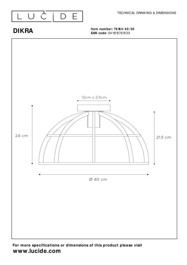 Schéma technique coté du plafonnier avec dimensions de diamètre et hauteur