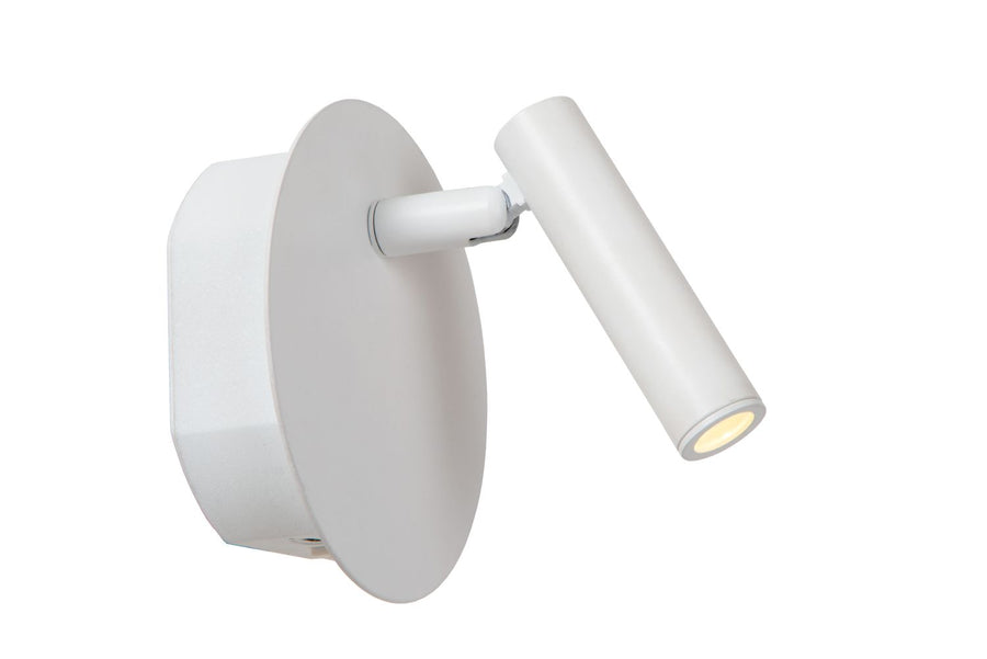 Applique murale blanche de face sur fond blanc, spot orientable allumé