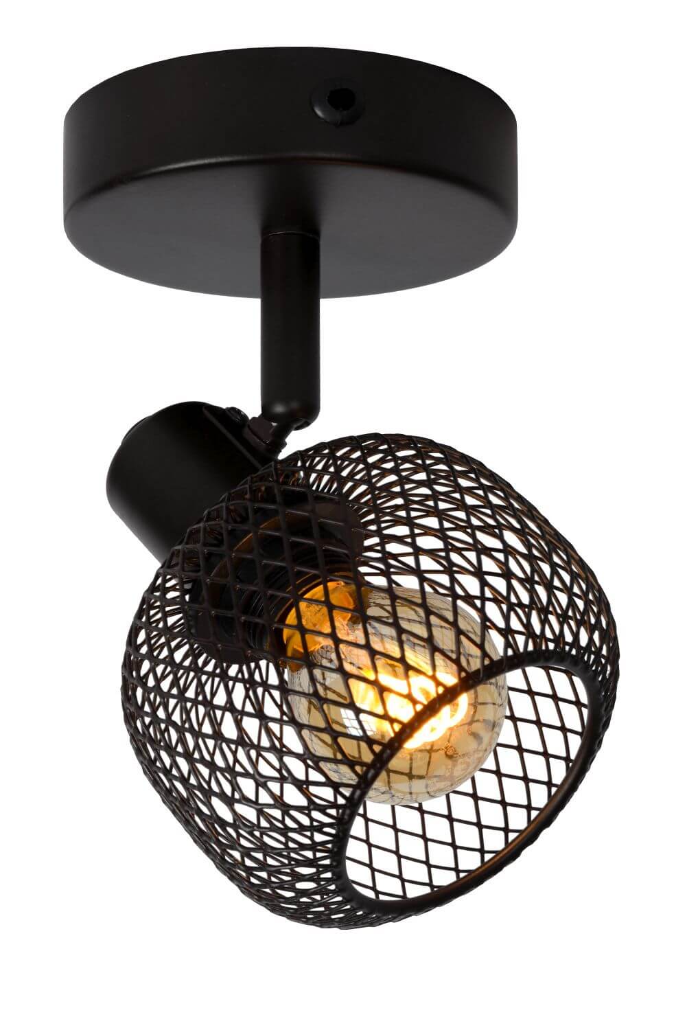 Produit de face montrant la base ronde au plafond et le bras articulé