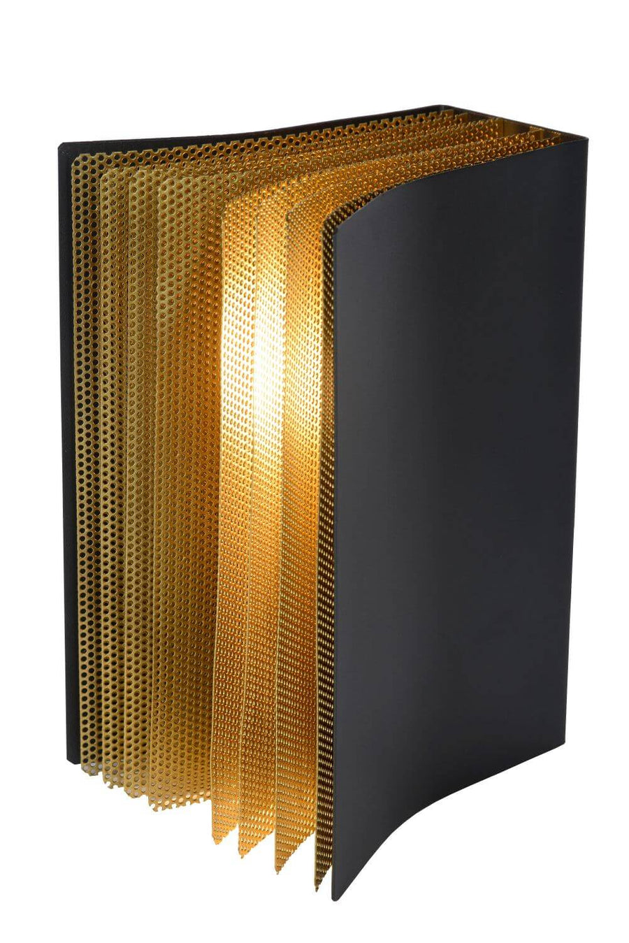 Vue de trois quarts de la lampe, couches dorées perforées et coque noire latérale.