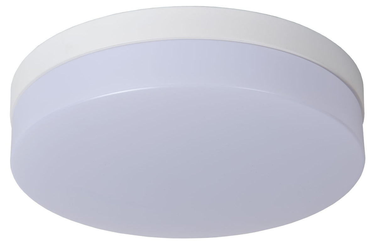 Vue du plafonnier rond blanc éteint, montrant le diffuseur blanc uniforme.