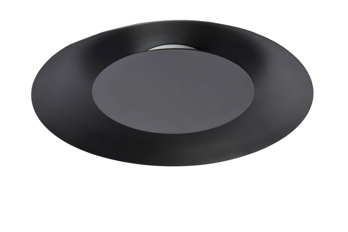 Vue de dessus du luminaire éteint, cerclage noir et diffuseur gris opaque