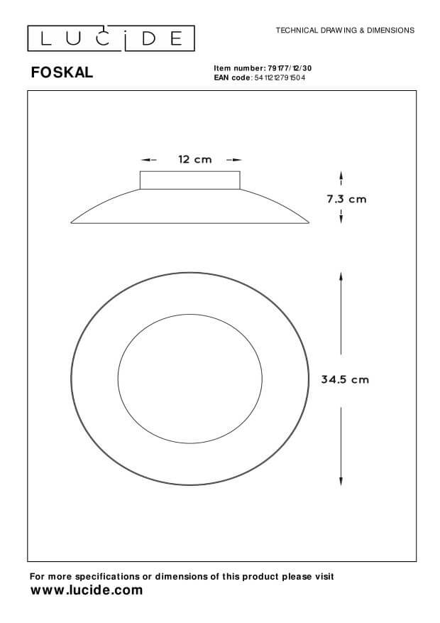 Schéma technique coté du plafonnier avec dimensions 34,5 cm et 7,3 cm