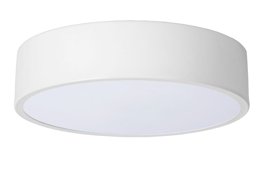 Vue trois quarts du plafonnier blanc avec éclairage froid diffuseur blanc