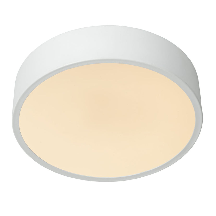 Vue de face du luminaire rond blanc avec diffuseur lumineux allumé
