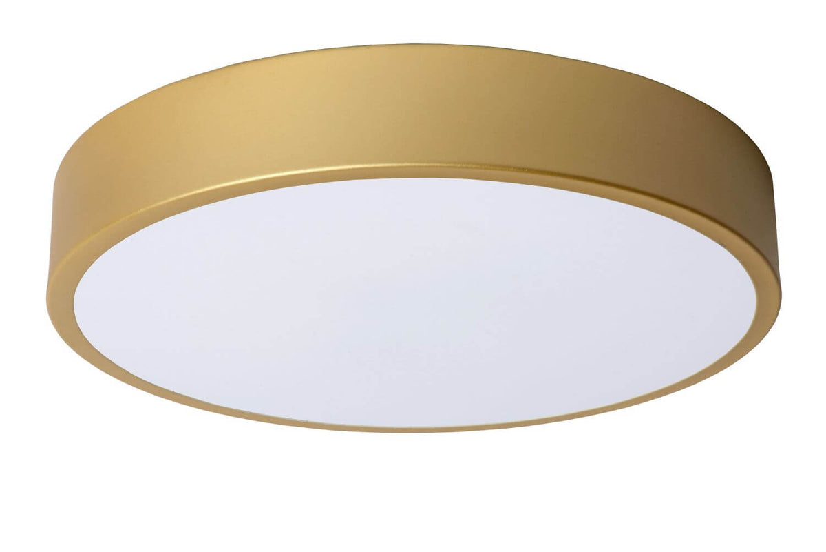 Plafonnier circulaire doré mat avec diffuseur blanc opalin, éclairage éteint, fond blanc.