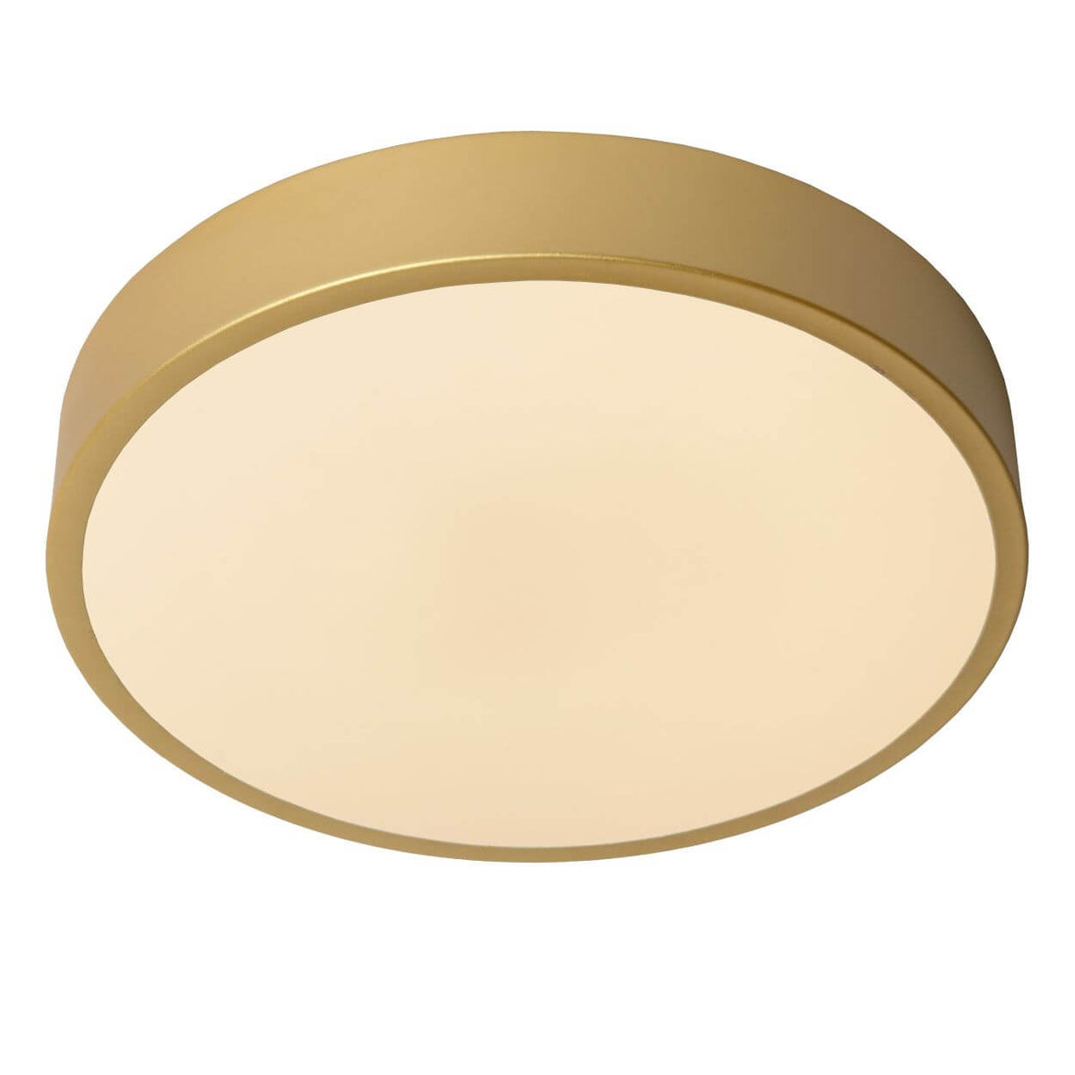 Vue de dessous du luminaire rond, cercle doré et grande surface opale uniforme.