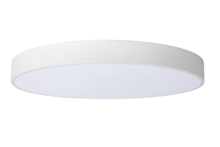 Luminaire éteint vu de profil, cerclage blanc et diffuseur opale uniforme