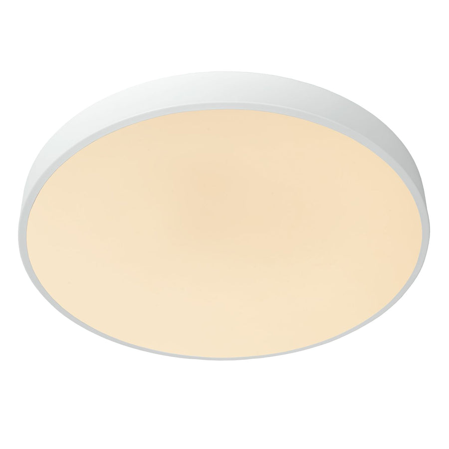 Produit vu de dessous : large diffuseur ivoire et cerclage blanc circulaire