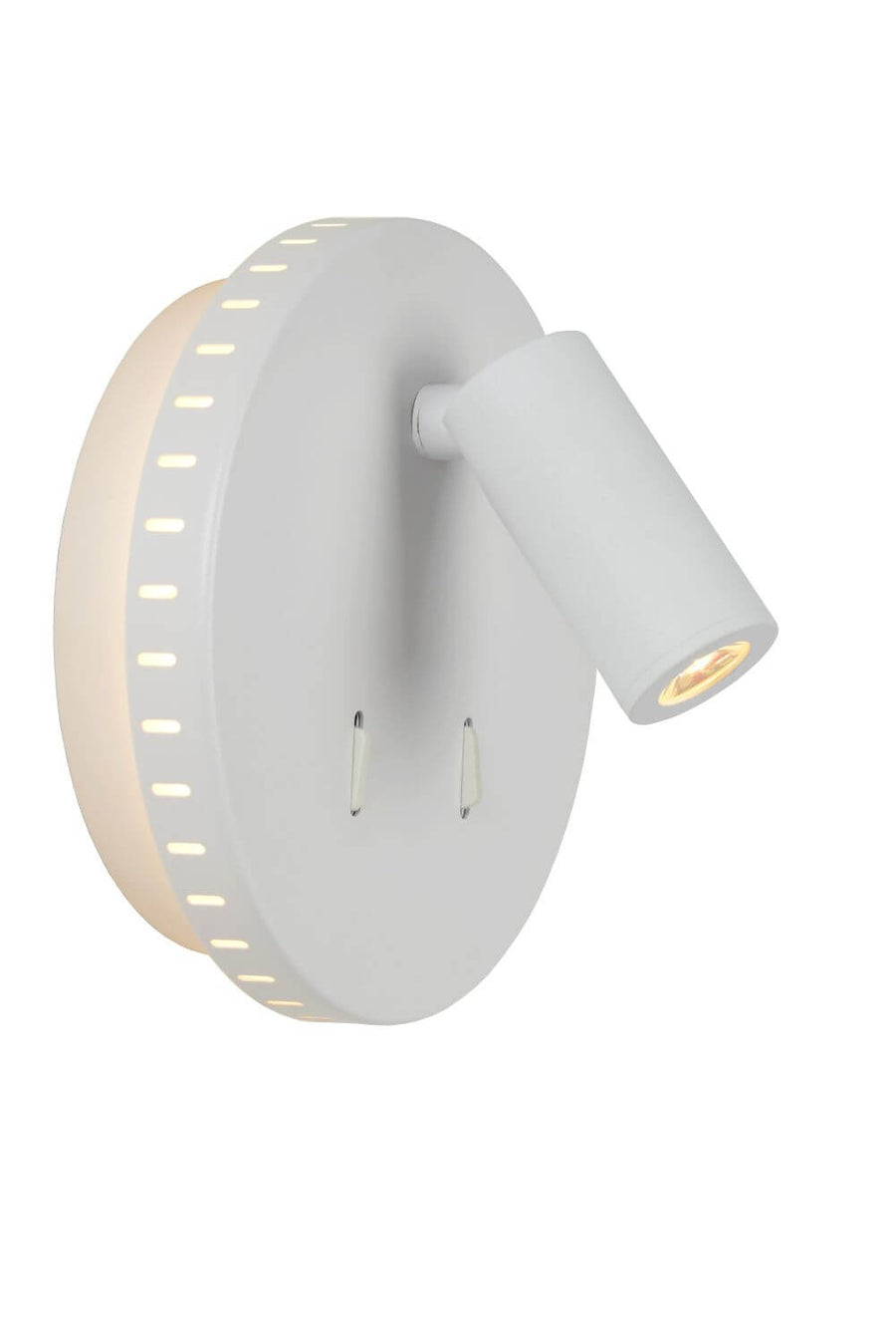 Vue de trois quarts du luminaire blanc rond avec son spot cylindrique orientable