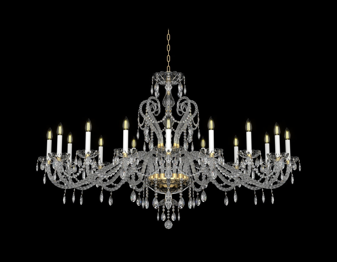 Lustre en cristal de face, bras recourbés et pendeloques scintillantes sur fond noir