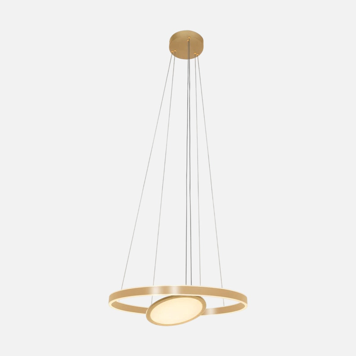 Lustre circulaire LED doré Ringlux, double anneau or brossé Ø60 cm sur fond gris clair – Designix.fr
