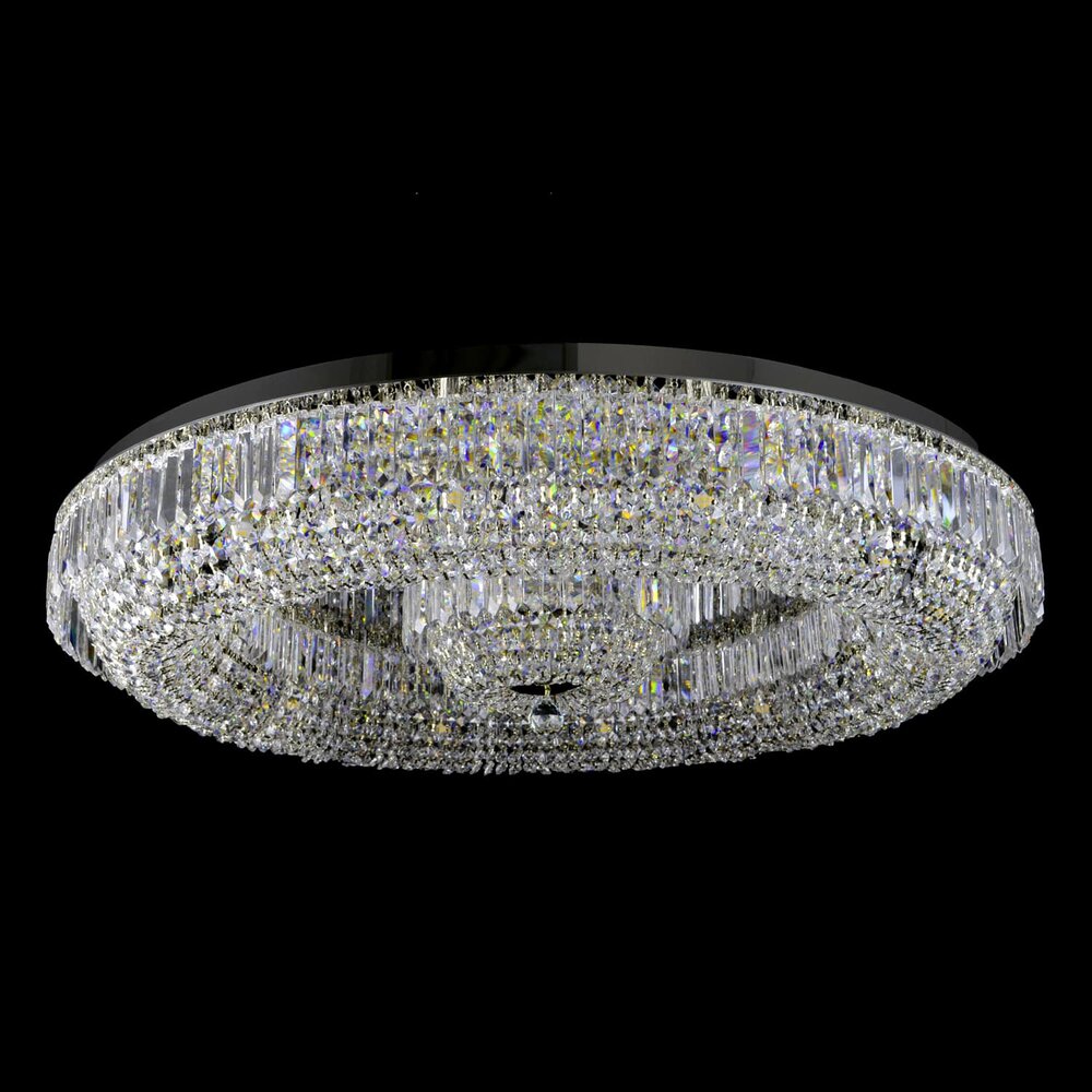 Plafonnier rond en cristal vu de face, cerclage noir et cascades de prismes scintillants