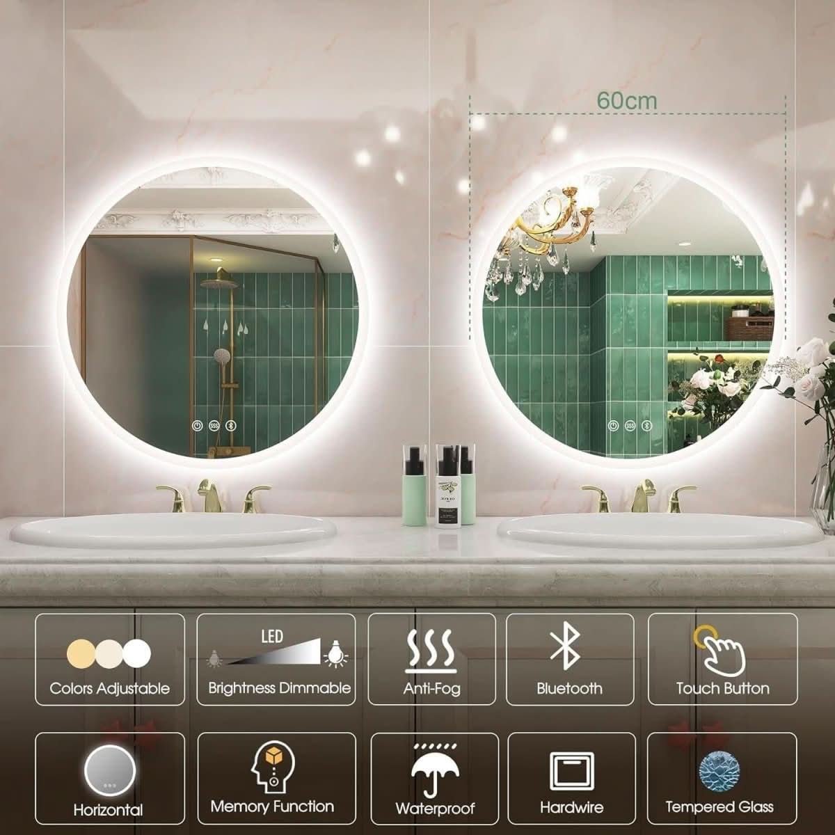 Miroir Argenté Rond Bluetooth de 60 cm | Gale - Designix Miroir M3051 Madrid Argent (Bluetooth) 60 Cm