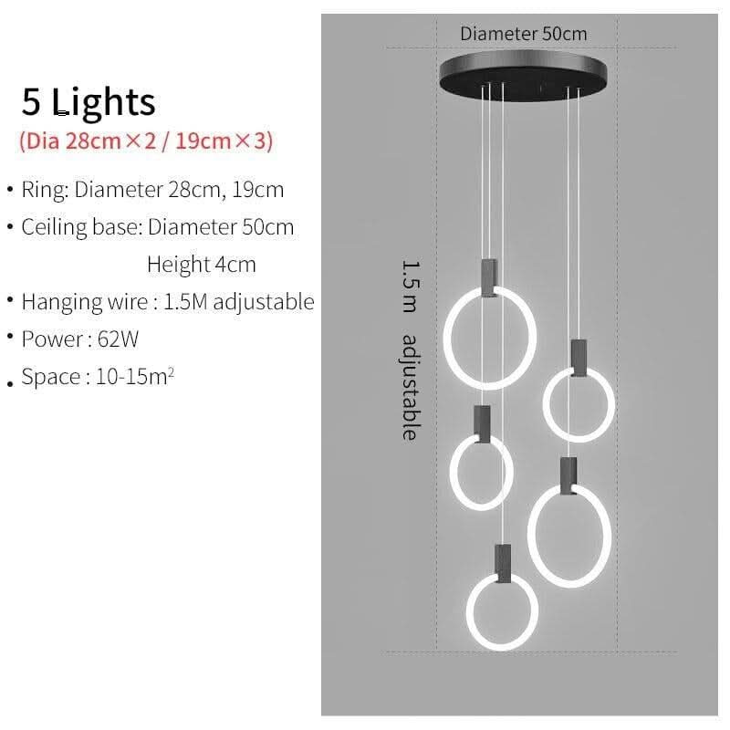 Modern LED Chandelier Ceiling Living Room Acrylic Ring Stairs Deco Hanging Lights Dining LED Pendant Lamps | Designix - 0 5 lights-Black China Warm light - https://designix.fr/