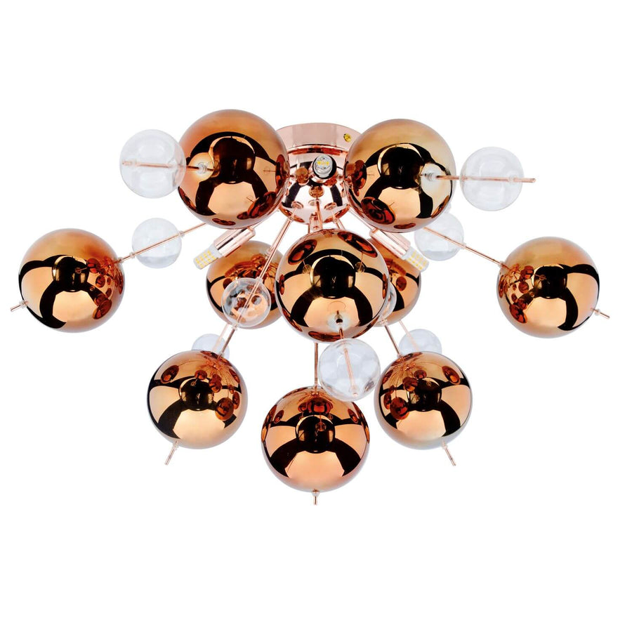 Plafonnier cuivré aux globes de verre miroir, produit de face sur fond blanc