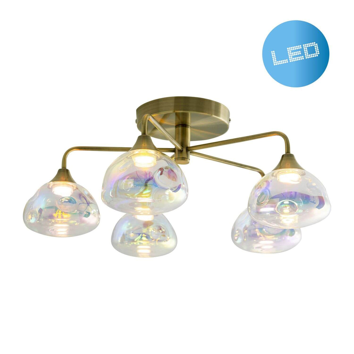 Même plafonnier avec pastille bleue LED, verres allumés et reflets colorés