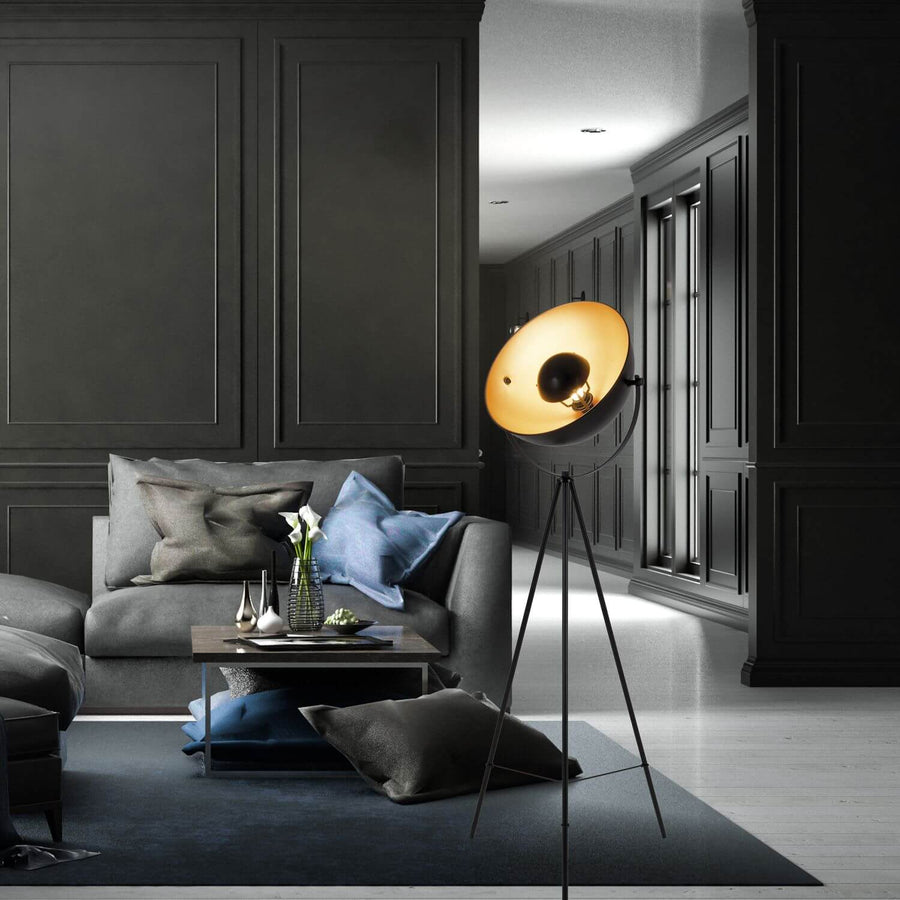 Lampadaire allumé dans un salon sombre avec canapé, coussins et boiseries murales.