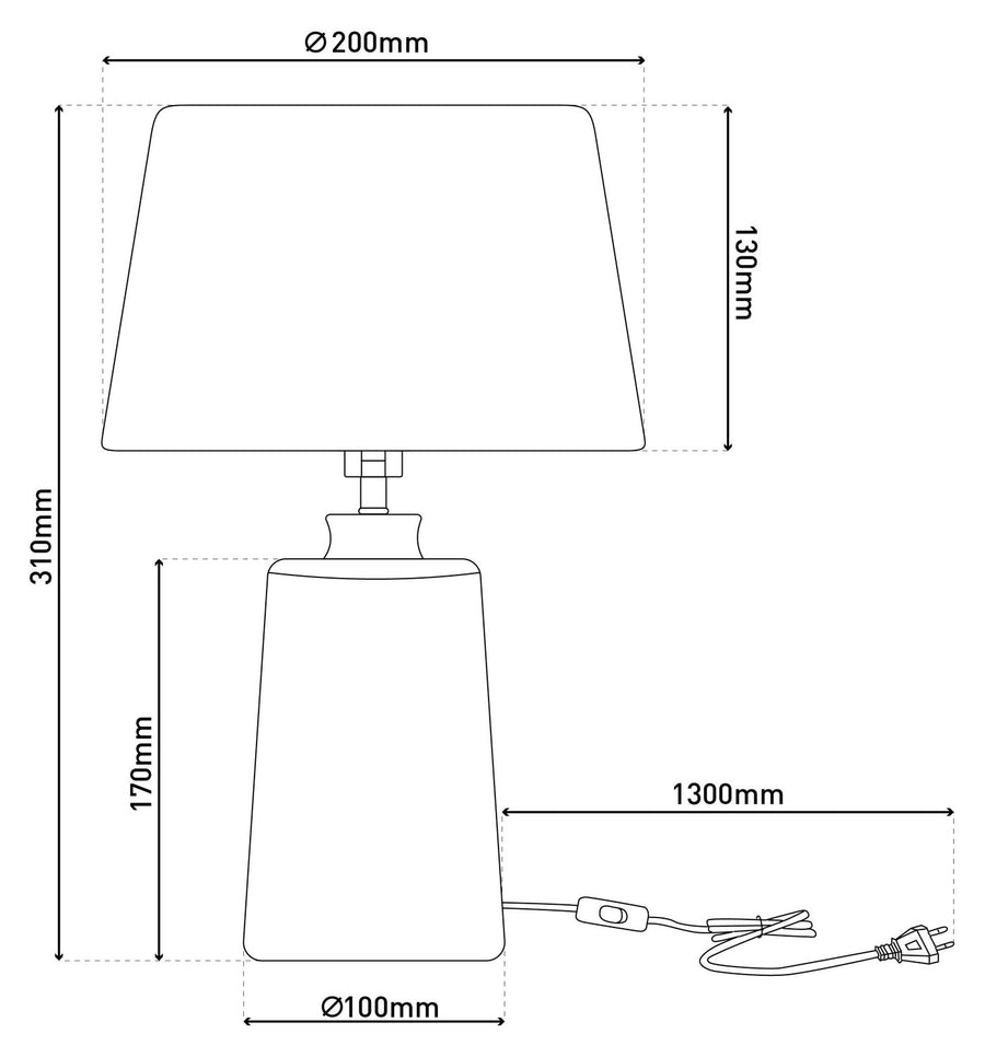 Schéma coté de la lampe : diamètre d'abat-jour, hauteur totale, pied et câble d'alimentation.