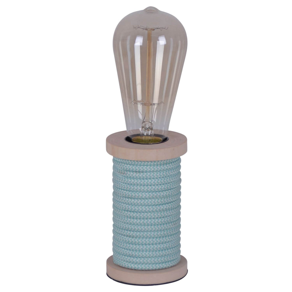 Lampe à poser turquoise de face, base cylindrique en corde tressée et ampoule Edison transparente.