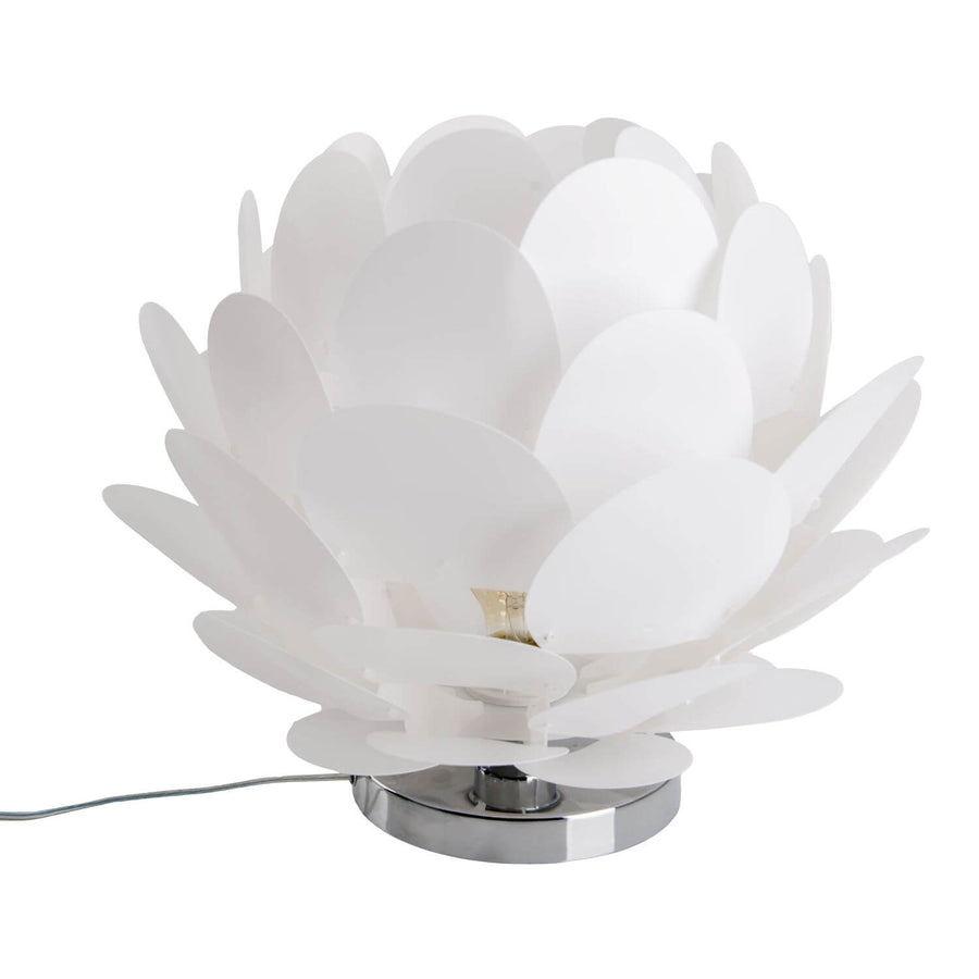 Lampe à poser blanche en forme de fleur, de face sur fond blanc