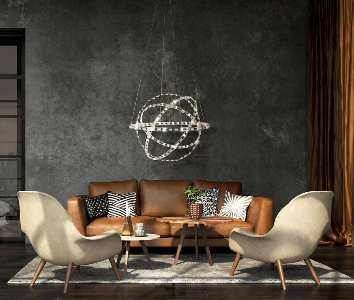 Mise en scène dans un salon au mur béton, canapé en cuir et fauteuils beiges