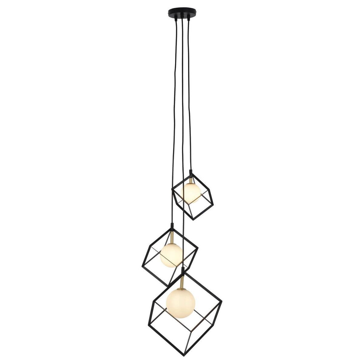 Suspension noire à trois cages cubiques et globes opalins, vue de face sur fond blanc