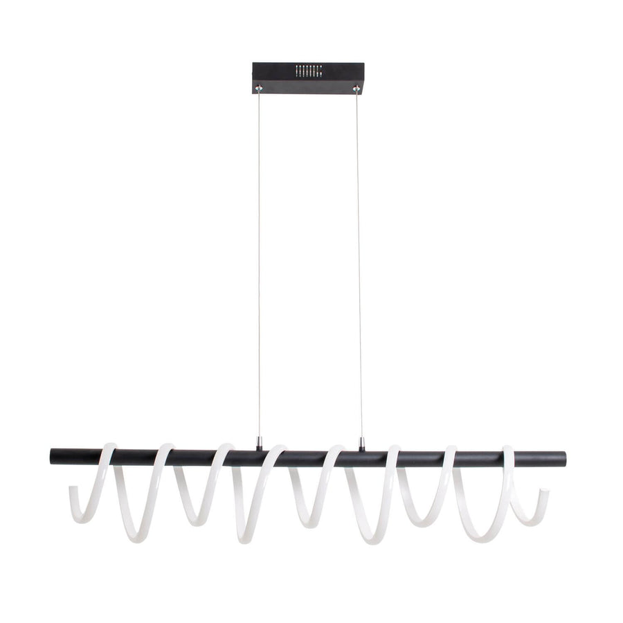 Suspension vue de face sur fond blanc, barre noire et spirale LED blanche