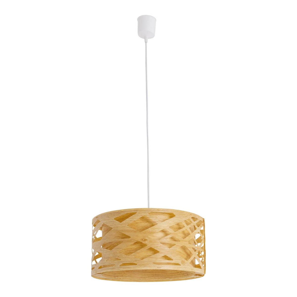 Suspension seule sur fond blanc, abat-jour cylindrique en bois ajouré et câble blanc.