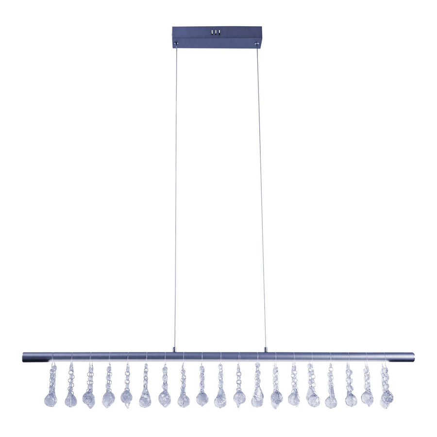 Suspension linéaire grise avec barre horizontale et nombreuses gouttes en verre