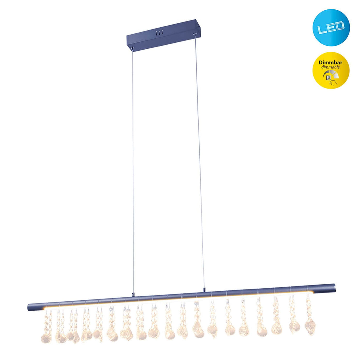 Vue de face du luminaire suspendu avec éclairage chaud et pastilles LED