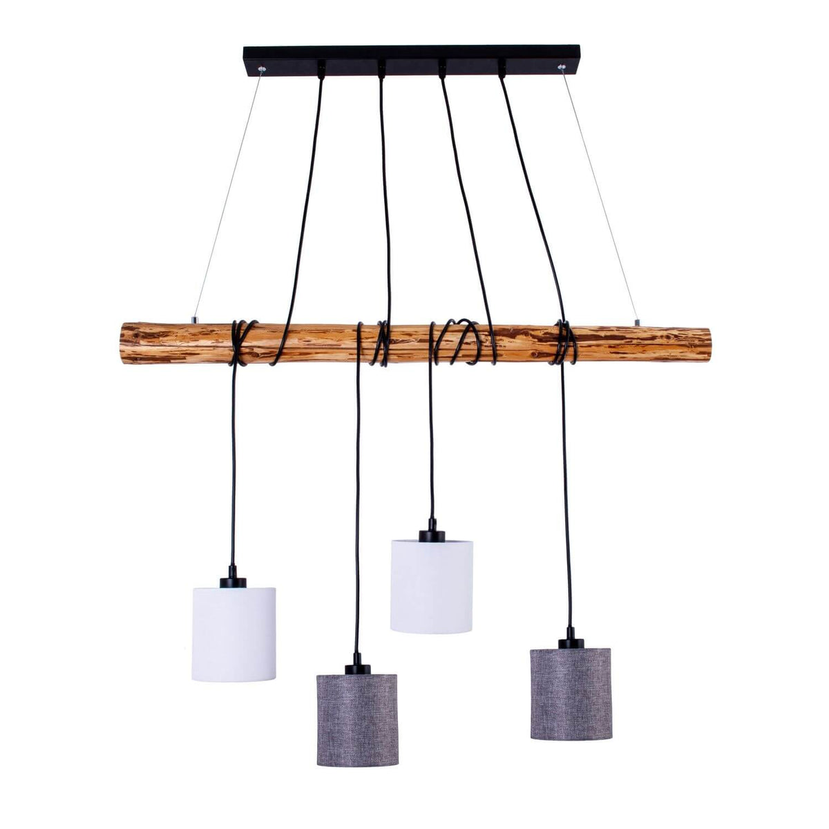 Suspension linéaire en bois avec quatre abat-jours cylindriques, vue de face sur fond blanc