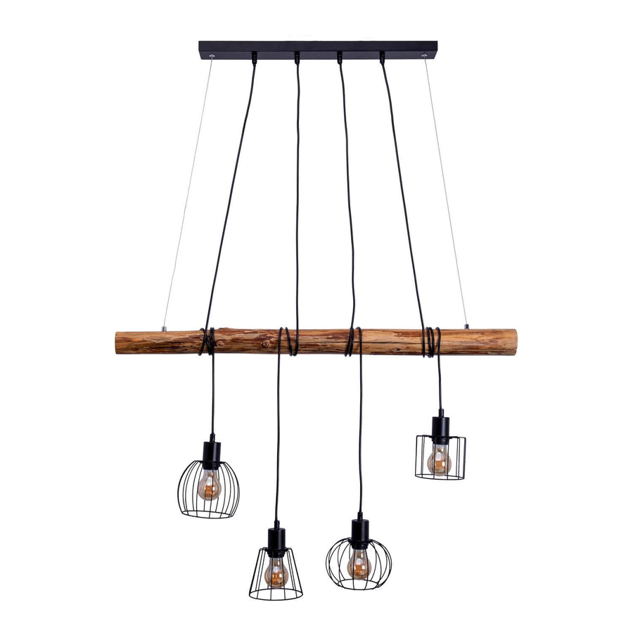Vue de face du luminaire suspendu avec poutre en bois et quatre cages noires