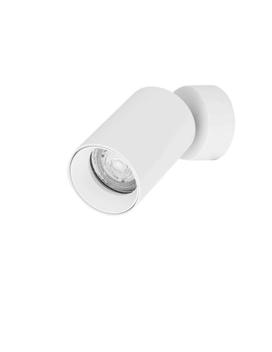 Produit isolé sur fond blanc, spot cylindrique blanc incliné montrant sa tête