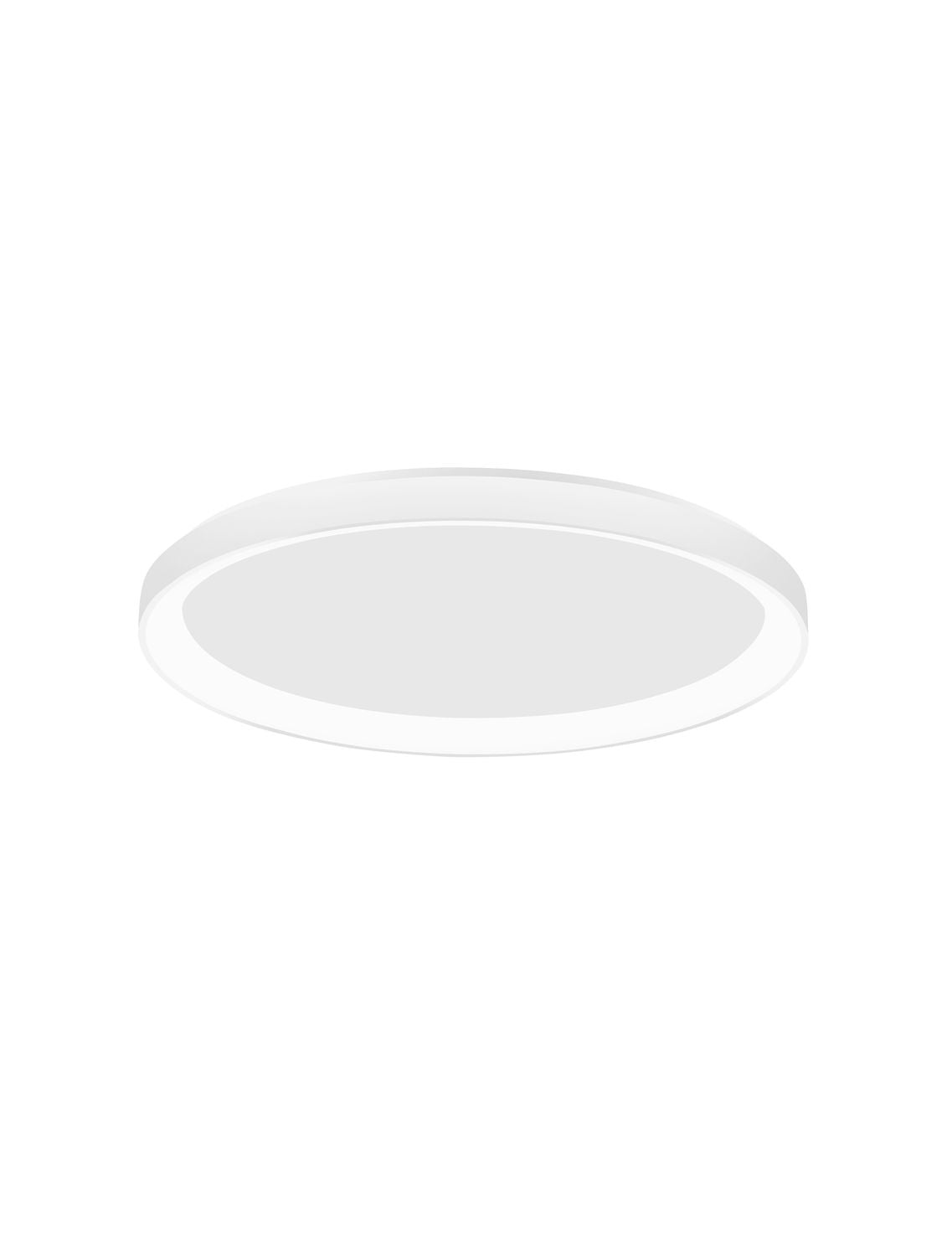 Vue plongeante du plafonnier rond blanc avec diffuseur opale et large bord lumineux