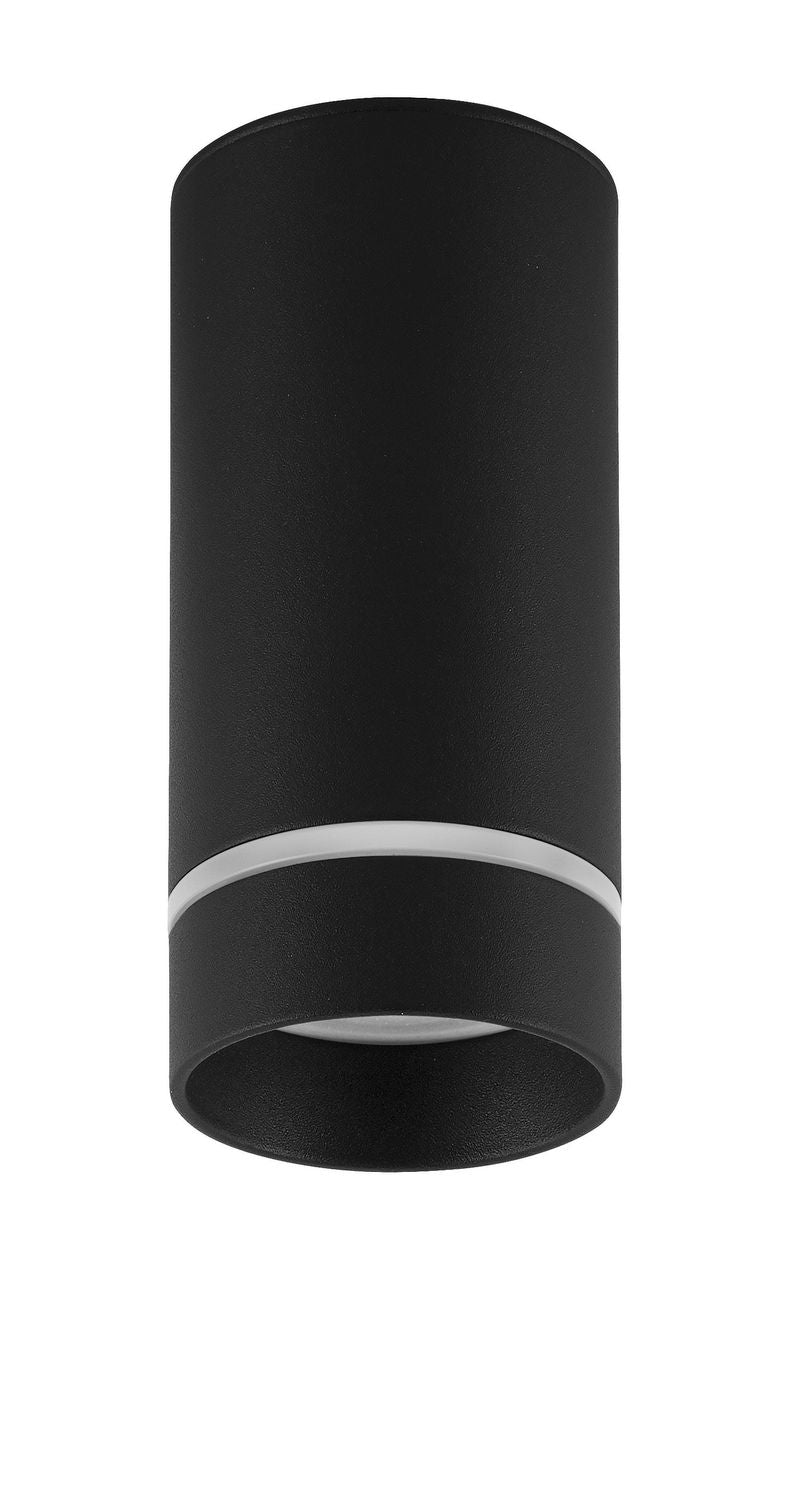 Vue de face d'un plafonnier cylindrique noir avec liseré blanc et diffuseur.
