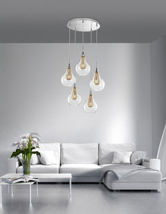 Suspension Filo 5 lumières dorée, verre