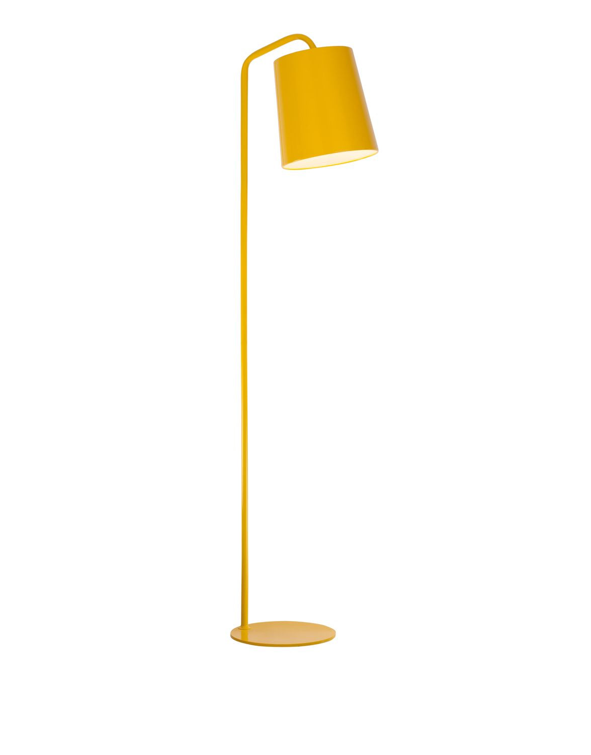 Lampadaire jaune présenté de profil sur fond blanc, abat-jour cylindrique incliné