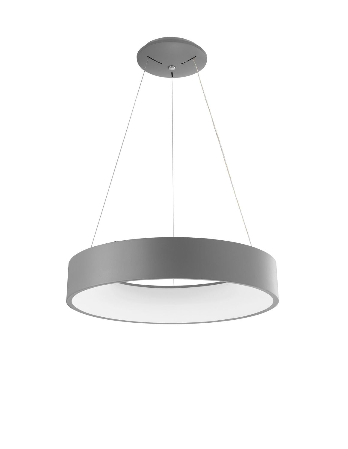 Vue de face du luminaire suspendu gris avec diffuseur blanc et câbles