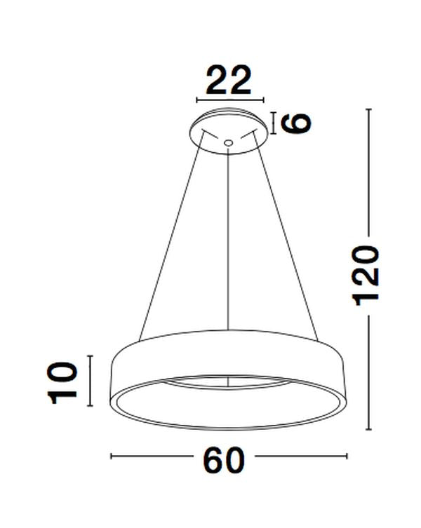 Schéma coté : diamètre 60 cm, hauteur 10 cm, suspension réglable jusqu'à 120 cm