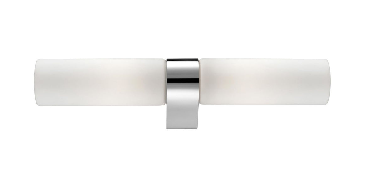 Produit de face sur fond blanc, tubes de verre opalin et support central chromé