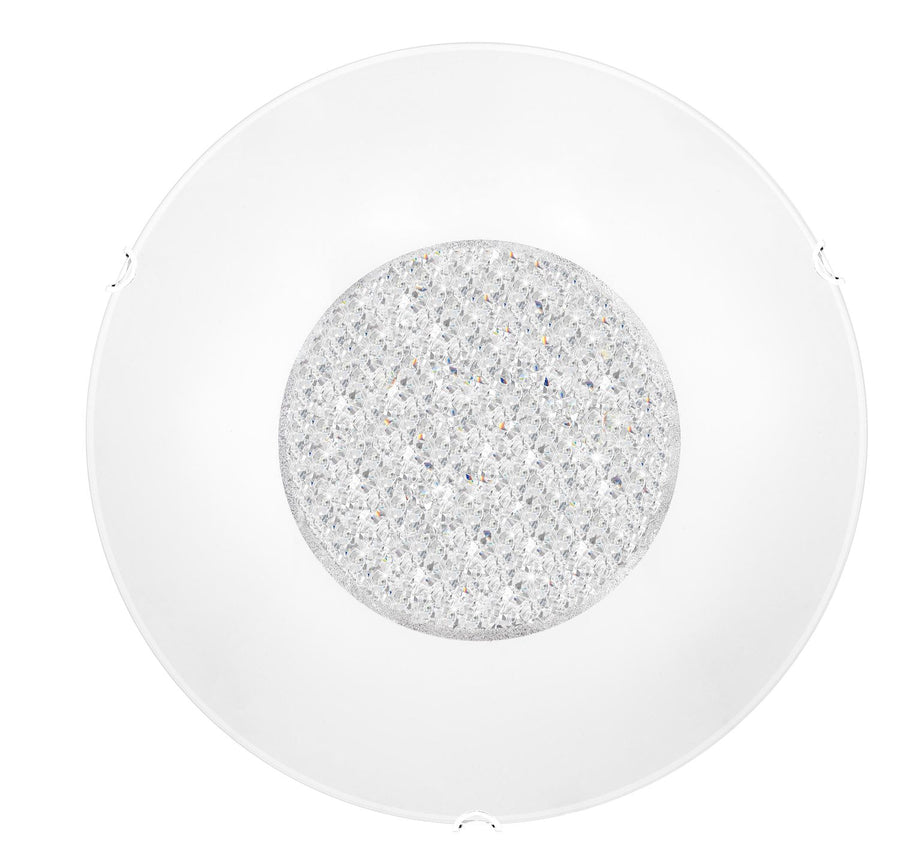 Vue de face du plafonnier rond blanc avec disque central en cristal