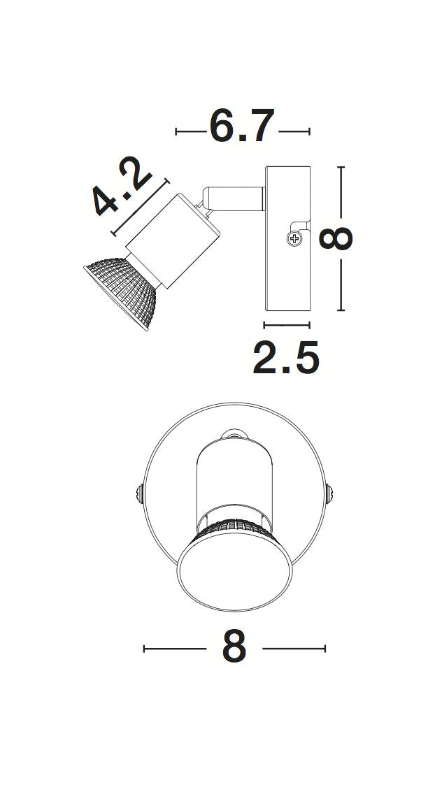 Schéma de dimensions du luminaire avec base ronde et tête orientable.